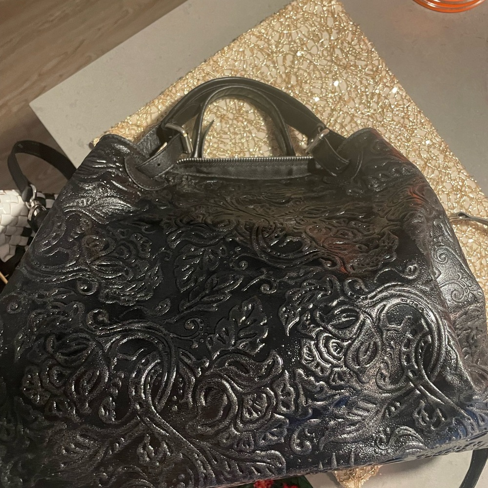 Embossed Black Leather Satchel with Top Handles - Picture 8 of 9